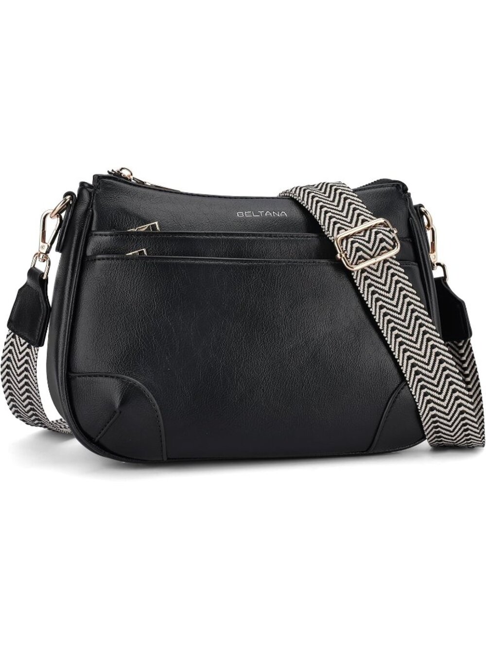 Women’s Black Vegan Leather Hobo Strap Purse Multi Pocket Handbag Crossbody Bag